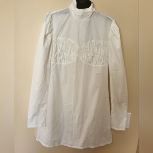 Nwt White Ruched Nust Detail High Neck Shirt Dress